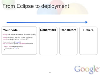 From Eclipse to deployment



Your code...                                        Generators   Translators   Linkers
package com.google.gwt.samples.eclipsecon.client;

import com.google.gwt.core.client.EntryPoint;
import com.google.gwt.core.client.GWT;

@SuppressWarnings("unused")
public class EclipseCon implements EntryPoint {

    public void onModuleLoad() {
      Window.alert("foo");
    }
}




                                                         23
 