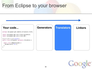 From Eclipse to your browser



Your code...                                        Generators   Translators   Linkers
package com.google.gwt.samples.eclipsecon.client;

import com.google.gwt.core.client.EntryPoint;
import com.google.gwt.core.client.GWT;

@SuppressWarnings("unused")
public class EclipseCon implements EntryPoint {

    public void onModuleLoad() {
      Window.alert("foo");
    }
}




                                                         32
 