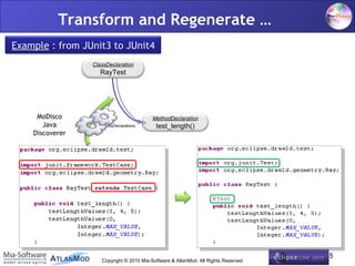 Transform and Regenerate …
Example : from JUnit3 to JUnit4
                 ClassDeclaration
                   RayTest




     MoDisco                             MethodDeclaration
       Java          bodyDeclarations      test_length()
    Discoverer




                                                                                    15
                    Copyright © 2010 Mia-Software & AtlanMod. All Rights Reserved
 