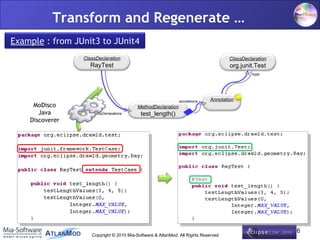 Transform and Regenerate …
Example : from JUnit3 to JUnit4
                 ClassDeclaration                                                   ClassDeclaration
                   RayTest                                                          org.junit.Test
                                                                                              type




                                                             annotations    Annotation
     MoDisco                             MethodDeclaration
       Java          bodyDeclarations      test_length()
    Discoverer




                                                                                                       16
                    Copyright © 2010 Mia-Software & AtlanMod. All Rights Reserved
 