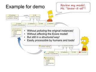 Review my model,
Example for demo                       Ms. “know-it-all”!




       •   Without polluting the original instances!
       •   Without affecting the Ecore model!
       •   But still in a structured way!
       •   Easily processible by humans and tools!
 