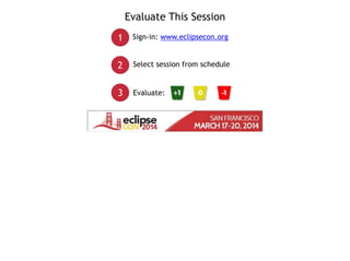 Evaluate This Session
Sign-in: www.eclipsecon.org
Select session from schedule
Evaluate:
1
2
3
 
