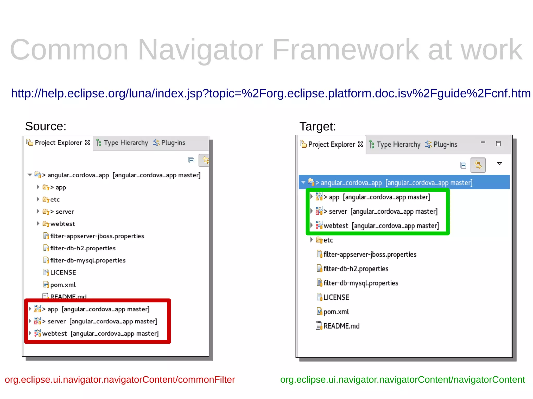 Common Navigator Framework at work
Source: Target:
http://help.eclipse.org/luna/index.jsp?topic=%2Forg.eclipse.platform.doc.isv%2Fguide%2Fcnf.htm
org.eclipse.ui.navigator.navigatorContent/commonFilter org.eclipse.ui.navigator.navigatorContent/navigatorContent
 