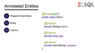 Annotated Entities
01
02
03
Mapped Superclass
Entity
Column
@Entity("god")
public class God {
@Column
private String name;
@Column
private long age;
@Column
private Set<String> powers;
}
 