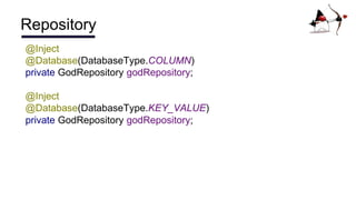 Repository
@Inject
@Database(DatabaseType.COLUMN)
private GodRepository godRepository;
@Inject
@Database(DatabaseType.KEY_VALUE)
private GodRepository godRepository;
 
