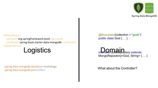 @Document(collection = "gods")
public class God { … }
interface GodRepository extends
MongoRepository<God, String> { … }
What about the Controller?
<dependency>
<groupId>org.springframework.boot</groupId>
<artifactId>spring-boot-starter-data-mongodb</artifactId>
</dependency>
spring.data.mongodb.database=mythology
spring.data.mongodb.port=27017
Logistics Domain
 