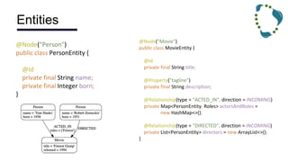 Entities
@Node("Person")
public class PersonEntity {
@Id
private final String name;
private final Integer born;
}
@Node("Movie")
public class MovieEntity {
@Id
private final String title;
@Property("tagline")
private final String description;
@Relationship(type = "ACTED_IN", direction = INCOMING)
private Map<PersonEntity, Roles> actorsAndRoles =
new HashMap<>();
@Relationship(type = "DIRECTED", direction = INCOMING)
private List<PersonEntity> directors = new ArrayList<>();
}
 