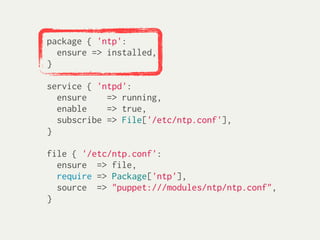 package { 'ntp':
  ensure => installed,
}

service { 'ntpd':
  ensure    => running,
  enable    => true,
  subscribe => File['/etc/ntp.conf'],
}

file { '/etc/ntp.conf':
  ensure => file,
  require => Package['ntp'],
  source => "puppet:///modules/ntp/ntp.conf",
}
 