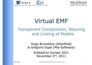 Virtual EMF
     Transparent Composition Weaving
                 Composition,
            and Linking of Models
                      g

               Hugo B
               H    Brunelière (Atl M d)
                          liè (AtlanMod)
             & Grégoire Dupé (Mia-Software)
                EclipseCon Europe 2011
                  November 2nd, 2011
02/11/2011          © AtlanMod (INRIA, EMN & LINA) and Mia‐Software   1
 