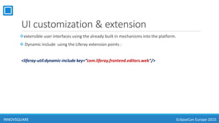 UI customization & extension
extensible user interfaces using the already built in mechanisms into the platform.
 Dynamic include using the Liferay extension points :
<liferay-util:dynamic-include key=“com.liferay.frontend.editors.web"/>
INNOVSQUARE EclipseCon Europe 2015
 
