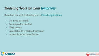 Modeling Tools we want tomorrow
Based on the web technologies → Cloud applications
- No need to install
- No upgrades need...
