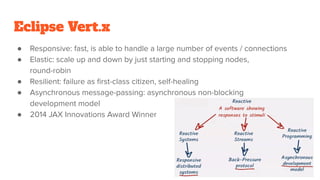 Eclipse Vert.x
● Responsive: fast, is able to handle a large number of events / connections
● Elastic: scale up and down by just starting and stopping nodes,
round-robin
● Resilient: failure as ﬁrst-class citizen, self-healing
● Asynchronous message-passing: asynchronous non-blocking
development model
● 2014 JAX Innovations Award Winner
24
 