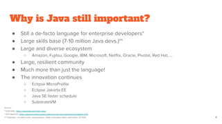 Why is Java still important?
● Still a de-facto language for enterprise developers*
● Large skills base (7-10 million Java devs.)**
● Large and diverse ecosystem
○ Amazon, Fujitsu, Google, IBM, Microsoft, Netﬂix, Oracle, Pivotal, Red Hat, …
● Large, resilient community
● Much more than just the language!
● The innovation continues
○ Eclipse MicroProﬁle
○ Eclipse Jakarta EE
○ Java SE faster schedule
○ SubstrateVM
4
Sources:
*Tiobe Index : https://www.tiobe.com/tiobe-index/
* IEEE Spectrum : https://spectrum.ieee.org/static/interactive-the-top-programming-languages-2018
I** SlashData - 7.6 million active Java developers (State of Developer Nation, 16th Edition, Q4 2018)
 