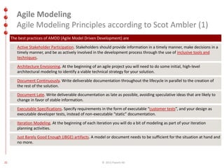 Agile Modeling 
Agile Modeling Principles according to Scot Ambler (1) 
The best practices of AMDD (Agile Model Driven Development) are 
Active Stakeholder Participation. Stakeholders should provide information in a timely manner, make decisions in a 
timely manner, and be as actively involved in the development process through the use of inclusive tools and 
techniques. 
Architecture Envisioning. At the beginning of an agile project you will need to do some initial, high-level 
architectural modeling to identify a viable technical strategy for your solution. 
Document Continuously. Write deliverable documentation throughout the lifecycle in parallel to the creation of 
the rest of the solution. 
Document Late. Write deliverable documentation as late as possible, avoiding speculative ideas that are likely to 
change in favor of stable information. 
Executable Specifications. Specify requirements in the form of executable “customer tests”, and your design as 
executable developer tests, instead of non-executable “static” documentation. 
Iteration Modeling. At the beginning of each iteration you will do a bit of modeling as part of your iteration 
planning activities. 
Just Barely Good Enough (JBGE) artifacts. A model or document needs to be sufficient for the situation at hand and 
no more. 
22 © 2013 ITpearls AG 
 