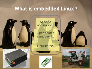 What is embedded Linux ?
Linux kernel
Open source
components
Specific
applications
(cc)http://www.flickr.com/photos/kafka4prez/57293210
 