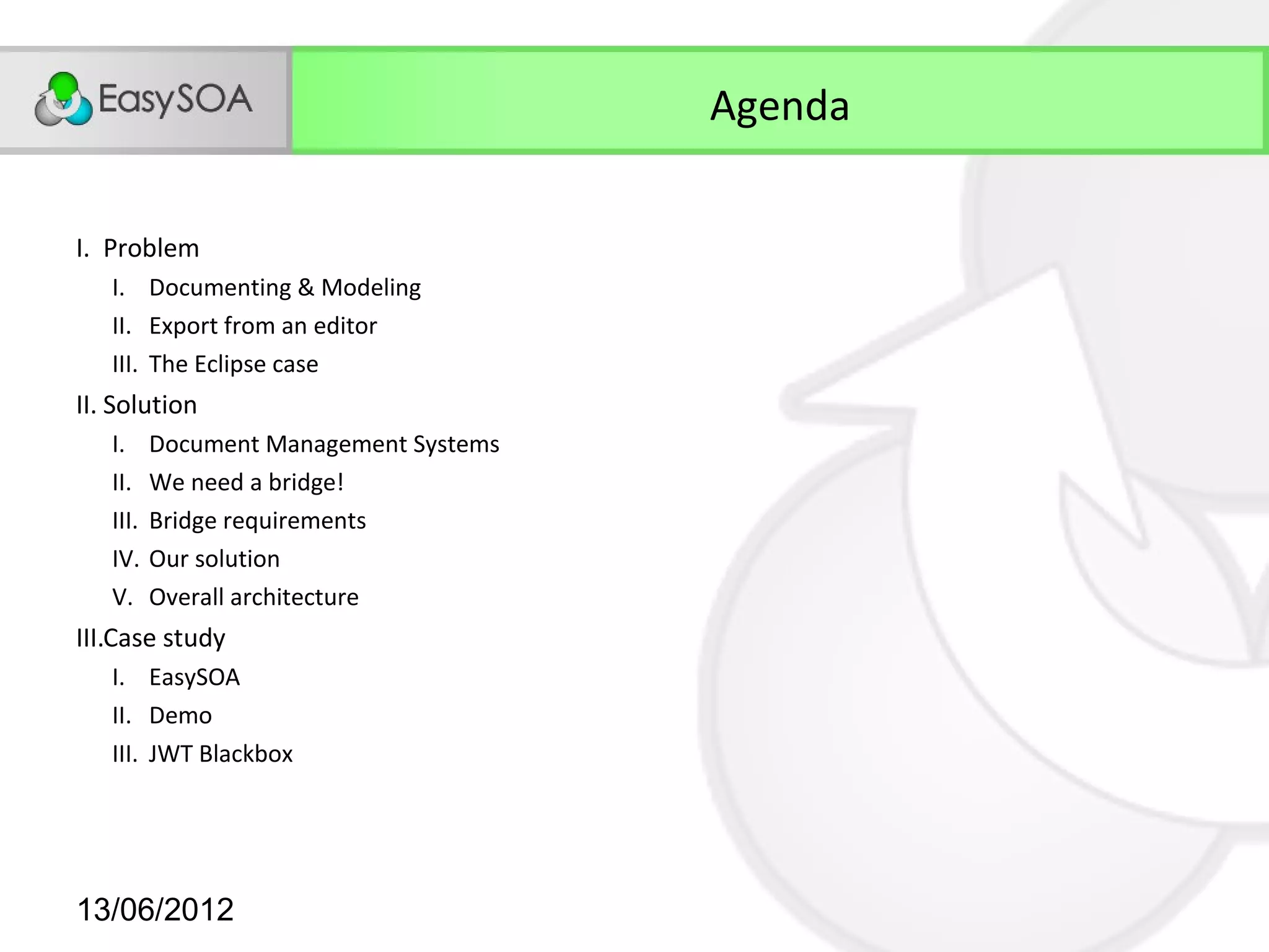 Agenda

I. Problem
   I. Documenting & Modeling
   II. Export from an editor
   III. The Eclipse case
II. Solution
   I.     Document Management Systems
   II.    We need a bridge!
   III.   Bridge requirements
   IV.    Our solution
   V.     Overall architecture
III.Case study
   I. EasySOA
   II. Demo
   III. JWT Blackbox




13/06/2012
 