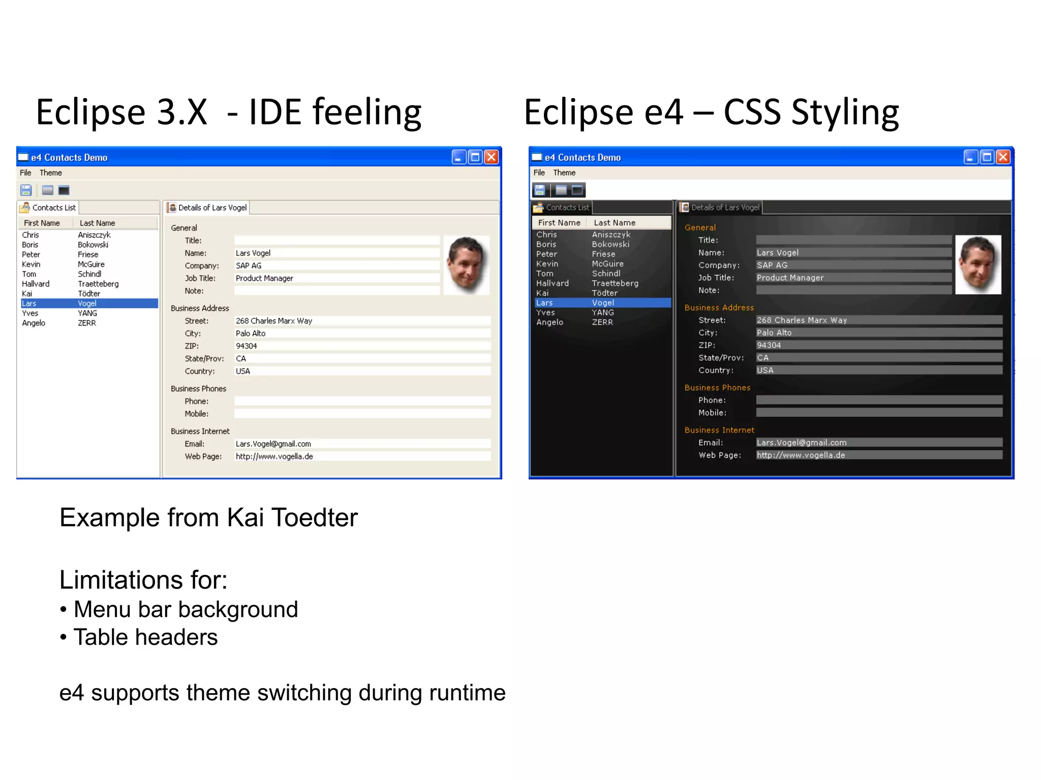 Eclipse3.X  - IDE feelingEclipse e4 – CSS StylingExample from Kai ToedterLimitations for: Menu bar background