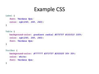 How to enable CSS StylingProperty "applicationCSS” in extension point “org.eclipse.core.runtime.products”<extension   id="product"   point="org.eclipse.core.runtime.products">   <product          application="org.eclipse.e4.ui.workbench.swt.application"     name="E4 Contacs Demo">     <property        name="applicationCSS"        value="platform:/plugin/contacts/css/dark.css">     </property>   </product></extension>