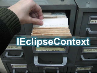 @PreDestroy: Called before the object is destroyed (e.g. the Part shown in the UI is removed)PostConstruct /PreDestroy AnnotationspublicclassMyPart {@InjectprivateITimerServicetimerService;@PostConstructprivate voidinit() {if(timerService!= null) {// Do something    }  }  @PreDestroyprivate voiduninit() {if(timerService != null) {// Do something    }  }}