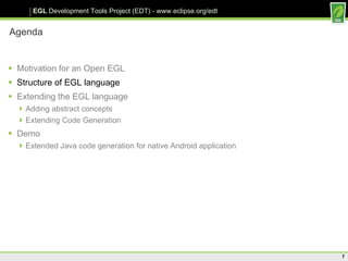 Agenda Motivation for an Open EGL Structure of EGL language Extending the EGL language Adding abstract concepts Extending Code Generation Demo Extended Java code generation for native Android application 