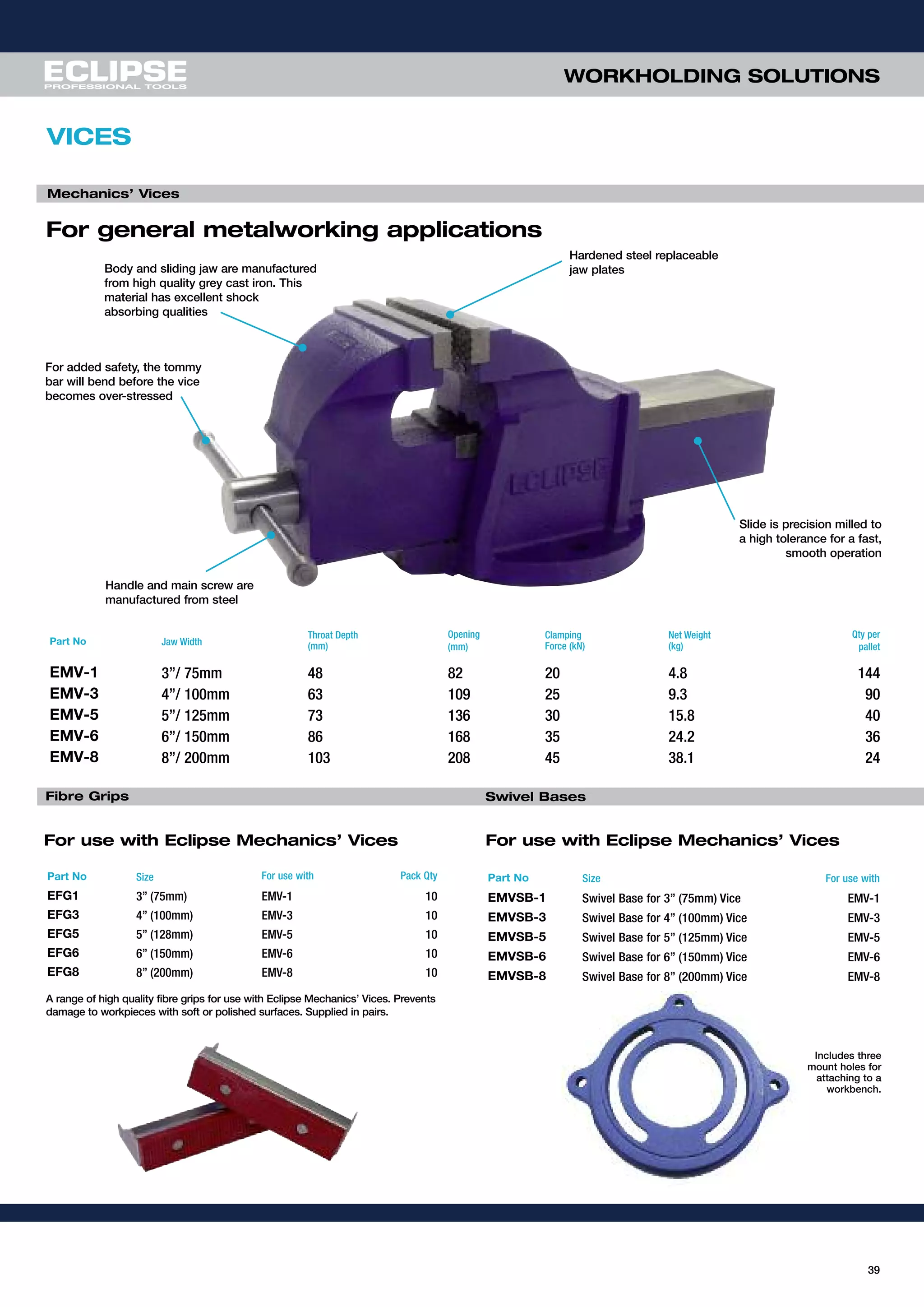 VICES
Part No Jaw Width
Throat Depth
(mm)
Opening
(mm)
Clamping
Force (kN)
Net Weight
(kg)
Qty per
pallet
EMV-1 3”/ 75mm 48 82 20 4.8 144
EMV-3 4”/ 100mm 63 109 25 9.3 90
EMV-5 5”/ 125mm 73 136 30 15.8 40
EMV-6 6”/ 150mm 86 168 35 24.2 36
EMV-8 8”/ 200mm 103 208 45 38.1 24
For general metalworking applications
Mechanics’ Vices
39
WORKHOLDING SOLUTIONS
Body and sliding jaw are manufactured
from high quality grey cast iron. This
material has excellent shock
absorbing qualities
For added safety, the tommy
bar will bend before the vice
becomes over-stressed
Handle and main screw are
manufactured from steel
Hardened steel replaceable
jaw plates
Slide is precision milled to
a high tolerance for a fast,
smooth operation
Swivel Bases
Part No Size For use with
EMVSB-1 Swivel Base for 3” (75mm) Vice EMV-1
EMVSB-3 Swivel Base for 4” (100mm) Vice EMV-3
EMVSB-5 Swivel Base for 5” (125mm) Vice EMV-5
EMVSB-6 Swivel Base for 6” (150mm) Vice EMV-6
EMVSB-8 Swivel Base for 8” (200mm) Vice EMV-8
Includes three
mount holes for
attaching to a
workbench.
A range of high quality fibre grips for use with Eclipse Mechanics’ Vices. Prevents
damage to workpieces with soft or polished surfaces. Supplied in pairs.
Part No Size For use with Pack Qty
EFG1 3” (75mm) EMV-1 10
EFG3 4” (100mm) EMV-3 10
EFG5 5” (128mm) EMV-5 10
EFG6 6” (150mm) EMV-6 10
EFG8 8” (200mm) EMV-8 10
Fibre Grips
For use with Eclipse Mechanics’ Vices For use with Eclipse Mechanics’ Vices
 