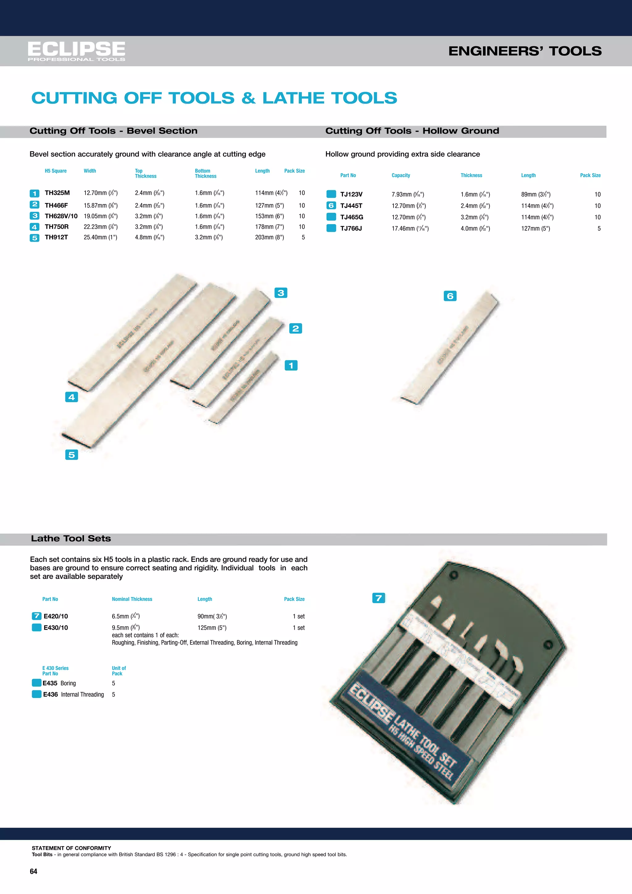 64
ENGINEERS’ TOOLS
STATEMENT OF CONFORMITY
Tool Bits - in general compliance with British Standard BS 1296 : 4 - Specification for single point cutting tools, ground high speed tool bits.
Bevel section accurately ground with clearance angle at cutting edge
H5 Square Width Top Bottom Length Pack Size
Thickness Thickness
TH325M 12.70mm (1
⁄2") 2.4mm (3
⁄32") 1.6mm (1
⁄16") 114mm (41
⁄2") 10
TH466F 15.87mm (5
⁄8") 2.4mm (3
⁄32") 1.6mm (1
⁄16") 127mm (5") 10
TH628V/10 19.05mm (3
⁄4") 3.2mm (1
⁄8") 1.6mm (1
⁄16") 153mm (6") 10
TH750R 22.23mm (7
⁄8") 3.2mm (1
⁄8") 1.6mm (1
⁄16") 178mm (7") 10
TH912T 25.40mm (1") 4.8mm (3
⁄16") 3.2mm (1
⁄8") 203mm (8") 5
CUTTING OFF TOOLS & LATHE TOOLS
Part No Capacity Thickness Length Pack Size
TJ123V 7.93mm (5
⁄16") 1.6mm (1
⁄16") 89mm (31
⁄2") 10
TJ445T 12.70mm (1
⁄2") 2.4mm (3
⁄32") 114mm (41
⁄2") 10
TJ465G 12.70mm (1
⁄2") 3.2mm (1
⁄8") 114mm (41
⁄2") 10
TJ766J 17.46mm (11
⁄16") 4.0mm (5
⁄32") 127mm (5") 5
Each set contains six H5 tools in a plastic rack. Ends are ground ready for use and
bases are ground to ensure correct seating and rigidity. Individual tools in each
set are available separately
Part No Nominal Thickness Length Pack Size
E420/10 6.5mm (1
⁄4") 90mm( 31
⁄2") 1 set
E430/10 9.5mm (3
⁄8") 125mm (5") 1 set
each set contains 1 of each:
Roughing, Finishing, Parting-Off, External Threading, Boring, Internal Threading
E 430 Series Unit of
Part No Pack
E435 Boring 5
E436 Internal Threading 5
5
4
1
3 6
7
2
6
7
7
Cutting Off Tools - Bevel Section Cutting Off Tools - Hollow Ground
Hollow ground providing extra side clearance
Lathe Tool Sets
7
1
2
3
4
5
 