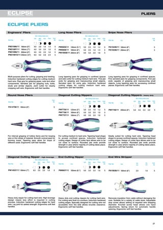 Round Nose Pliers Diagonal Cutting Nippers
Engineers’ Pliers Long Nose Pliers
End Cutting Nipper
ECLIPSE PLIERS
For internal gripping of hollow items and for looping
wire or thin strips of material. Smooth conical jaws for
forming loops. Tapering jaws allow for loops of
different sizes. Ergonomic soft feel handles
For cutting medium to hard wire. Tapering head shape
to access confined spaces. Induction hardened
cutting edges. Design of cutter face allows wire to be
cut close to surface. Rounded jaw ends provide
strength in area where majority of cutting takes place.
Ergonomic soft feel handles
Heavy duty end cutting nippers for cutting hard wire.
For cutting wire flush to a surface. Induction hardened
cutting edges. Specially designed for cutting wire not
accessible from the side allows knuckle clearance.
Ergonomic soft feel handles
Snipe Nose Pliers
Part No Size
Soft Med
Hard
Hard Piano Pack
Qty
PW21696/11 160mm (6”) 4.0 2.8 1.8 1.4 5
PW21697/11 180mm (7”) 4.0 3.0 2.0 1.6 5
PW21698/11 200mm (8”) 4.0 3.0 2.0 1.6 5
PW216910/11 250mm (10”) 6.0 4.0 2.8 2.4 5
Part No Size
Soft Med
Hard
Hard Piano Pack
Qty
PW5835/11 140mm (51
⁄2”) 3.0 2.5 1.6 1.2 5
PW5836/11 160mm (6”) 4.0 2.8 1.8 1.4 5
PW10638/11 200mm (8”) 4.0 3.0 2.0 1.6 5
Part No Size
Pack
Qty
PA15436/11 160mm (6”) 5
PA15438/11 200mm (8”) 5
Part No Size
Pack
Qty
PA14736/11 160mm (6”) 5
Part No Size
Soft Med
Hard
Hard Piano Pack
Qty
PW7735/11 125mm (5”) 3.0 2.5 1.6 1.2 5
PW7736/11 160mm (6”) 4.0 3.0 2.0 1.6 5
PW7737/11 180mm (7”) 4.0 3.0 2.0 1.6 5
Part No Size
Soft Med
Hard
Hard Piano Pack
Qty
PW9637/11 165mm (61
⁄2”) 4.0 3.0 2.0 1.6 5
27
Multi-purpose pliers for cutting, gripping and twisting.
Induction hardened cutting edges for cutting medium
hard wire. Pipe grip for gripping pipes, rods and other
components. Serrated jaw for gripping nuts, bolts,
studs and similar objects. Joint cutter for cleanly
cropping soft wire. Ergonomic soft feel handles
Long tapering jaws for gripping in confined spaces
and side cutter for cutting medium hard wire. Fine jaw
ends for gripping and manoeuvring small objects.
Serrated jaws for extra grip. Induction hardened
cutting edges for cutting medium hard wire.
Ergonomic soft feel handles
Long tapering jaws for gripping in confined spaces.
Fine serrated jaws for gripping components. Fine jaw
ends capable of gripping and manoeuvring small
objects. Long tapering jaws for accessing confined
places. Ergonomic soft feel handles
Diagonal Cutting Nipper - high leverage
Heavy duty nipper for cutting hard wire. High leverage
design means less effort is required in cutting
process. Induction hardened cutting edges for hard
wire. Lay joint for added strength. Ergonomic soft feel
handles
Part No Size
Soft Med
Hard
Hard Piano Pack
Qty
PW14537/11 180mm (7”) 4.0 3.0 2.0 1.6 5
Diagonal Cutting Nippers - heavy duty
Ideally suited for cutting hard wire. Tapering head
shape to access confined spaces. Induction hardened
cutting edges. Design of cutter face allows wire to be
cut close to surface. Rounded jaw ends provide
strength in area where majority of cutting takes place.
Ergonomic soft feel handles
Part No Size
Soft Med
Hard
Hard Piano Pack
Qty
PW7738/11 200mm (8”) 5.0 3.5 2.4 2.0 5
Removes insulation from cable without damaging the
core. Suitable for a variety of cable sizes. Adjustable
stop screw allows setting of required wire stripping
diameter. Knurled screw head allows one hand
adjustments. Spring return for automatic handle
opening. Ergonomic soft feel handles
End Wire Stripper
Part No Size
Dia
mm
Dia
mm
Pack
Qty
PA19536/11 160mm (6”) 2.0 1.6 5
PLIERS
Wire Cutting Guide (mm) Wire Cutting Guide (mm)
Wire Cutting Guide (mm) Wire Cutting Guide (mm)
Wire Cutting Guide (mm)Wire Cutting Guide (mm)
 