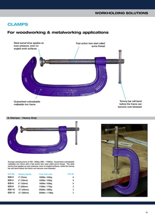 WORKHOLDING SOLUTIONS
Average clamping force of 300 – 800kg (660 – 1760lbs). Guaranteed unbreakable
malleable iron frame with a fast action twin start rolled acme thread. The steel
swivel shoe applies an even pressure, even on angled surfaces, whilst the tommy
bar will bend before the frame can become over-stressed.
Part No Clamping Capacity Frame Proof Loads Pack Qty
E20-3 3” (75mm) 1000lbs / 455kg 6
E20-4 4” (100mm) 1200lbs / 545kg 6
E20-6 6” (150mm) 1400lbs / 636kg 6
E20-8 8” (200mm) 1700lbs / 773kg 2
E20-10 10” (250mm) 2000lbs / 909kg 2
E20-12 12” (300mm) 2500lbs / 1136kg 2
For woodworking & metalworking applications
CLAMPS
Tommy bar will bend
before the frame can
become over-stressed
Guaranteed unbreakable
malleable iron frame
Steel swivel shoe applies an
even pressure, even on
angled work surfaces
Fast action twin start rolled
acme thread
G Clamps - Heavy Duty
41
 