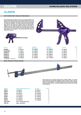 42
WORKHOLDING SOLUTIONS
CLAMPS
One Handed Bar Clamps & Spreaders
Sash Clamps & Clamp Heads
Sash clamps have an average clamping force of 500kg (1100lbs). The ductile
head and slide are guaranteed unbreakable, whilst the steel bar offers maximum
tensile and yield strength. The slightly tapered jaws enable perfectly parallel
clamping and the fast action rolled thread applies pressure quickly and smoothly
to the workpiece.
Part No Maximum Clamping Capacity / Type Bar Length Box Qty
ESC24 24” (600mm) 30” (760mm) 6
ESC30 30” (760mm) 36” (915mm) 6
ESC36 36” (915mm) 42” (1070mm) 6
ESC42 42” (1070mm) 48” (1220mm) 6
ESC48 48” (1220mm) 54” (1370mm) 6
ESC54 54” (1370mm) 60” (1525mm) 6
ESC66 66” (1680mm) 72” (1830mm) 6
ESC-TSPC Spare - Tail slide, peg & chain - 1
ESC-PC Spare - Peg & Chain - 1
Part No
Clamping
Capacity
Spreading
Capacity (Min)
Spreading
Capacity (Max)
Jaw Depth
Pack
Qty
EOHBC6 6” (150mm) 65
⁄8” (168mm) 133
⁄8” (340mm) 33
⁄8” (85mm) 1
EOHBC6X2* 6” (150mm) 65
⁄8” (168mm) 133
⁄8” (340mm) 33
⁄8” (85mm) 5
EOHBC12 12” (300mm) 65
⁄8” (168mm) 191
⁄2” (495mm) 33
⁄8” (85mm) 1
EOHBC18 18” (450mm) 65
⁄8” (168mm) 253
⁄8” (645mm) 33
⁄8” (85mm) 1
EOHBC24 24” (600mm) 65
⁄8” (168mm) 311
⁄2” (800mm) 33
⁄8” (85mm) 1
EOHBC36 36” (900mm) 65
⁄8” (168mm) 431
⁄2” (1105mm) 33
⁄8” (85mm) 1
Quick release trigger enables the clamp to be quickly positioned and
released, whilst the jaw release clip mechanism allows the jaw to be
removed and re-attached to the other end of the bar, thus converting
the clamp into a spreader. The carbon steel bar and reinforced nylon
body make it both tough and durable, whilst the ergonomically-
designed, soft feel pistol grip handle fits easily into the hand. In
addition, the toe-in feature means that, when fully closed, the jaws
only meet at the top, thus providing an even clamping force across the
whole depth of the workpiece. Non-marring pads firmly grip and
protect the workpiece.
* 6” (150mm) in pairs - in a display box of 5
 