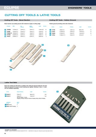 64
ENGINEERS’ TOOLS
STATEMENT OF CONFORMITY
Tool Bits - in general compliance with British Standard BS 1296 : 4 - Specification for single point cutting tools, ground high speed tool bits.
Bevel section accurately ground with clearance angle at cutting edge
H5 Square Width Top Bottom Length Pack Size
Thickness Thickness
TH325M 12.70mm (1
⁄2") 2.4mm (3
⁄32") 1.6mm (1
⁄16") 114mm (41
⁄2") 10
TH466F 15.87mm (5
⁄8") 2.4mm (3
⁄32") 1.6mm (1
⁄16") 127mm (5") 10
TH628V/10 19.05mm (3
⁄4") 3.2mm (1
⁄8") 1.6mm (1
⁄16") 153mm (6") 10
TH750R 22.23mm (7
⁄8") 3.2mm (1
⁄8") 1.6mm (1
⁄16") 178mm (7") 10
TH912T 25.40mm (1") 4.8mm (3
⁄16") 3.2mm (1
⁄8") 203mm (8") 5
CUTTING OFF TOOLS & LATHE TOOLS
Part No Capacity Thickness Length Pack Size
TJ123V 7.93mm (5
⁄16") 1.6mm (1
⁄16") 89mm (31
⁄2") 10
TJ445T 12.70mm (1
⁄2") 2.4mm (3
⁄32") 114mm (41
⁄2") 10
TJ465G 12.70mm (1
⁄2") 3.2mm (1
⁄8") 114mm (41
⁄2") 10
TJ766J 17.46mm (11
⁄16") 4.0mm (5
⁄32") 127mm (5") 5
Each set contains six H5 tools in a plastic rack. Ends are ground ready for use and
bases are ground to ensure correct seating and rigidity. Individual tools in each
set are available separately
Part No Nominal Thickness Length Pack Size
E420/10 6.5mm (1
⁄4") 90mm( 31
⁄2") 1 set
E430/10 9.5mm (3
⁄8") 125mm (5") 1 set
each set contains 1 of each:
Roughing, Finishing, Parting-Off, External Threading, Boring, Internal Threading
E 430 Series Unit of
Part No Pack
E435 Boring 5
E436 Internal Threading 5
5
4
1
3 6
7
2
6
7
7
Cutting Off Tools - Bevel Section Cutting Off Tools - Hollow Ground
Hollow ground providing extra side clearance
Lathe Tool Sets
7
1
2
3
4
5
 
