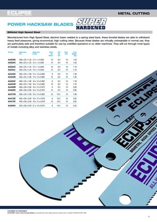 7
STATEMENT OF CONFORMITY
All ECLIPSE Power & Hand Hacksaw Blades are manufactured under Quality Assurance system which is certified to BSEN ISO 9001:2008.
Part No Blade Size Blade Size Teeth PIN Pack Pack
mm inches per dia. Size Weight
25mm mm (kg)
AA203K 300 x 25 x 1.25 12 x 1 x 0.050 10 8.2 10 1.03
AA204C 300 x 25 x 1.25 12 x 1 x 0.050 14 8.2 10 1.03
AA223C 350 x 25 x 1.25 14 x 1 x 0.050 10 8.2 10 1.16
AA224J 350 x 25 x 1.25 14 x 1 x 0.050 14 8.2 10 1.16
AA342X 350 x 32 x 1.60 14 x 11
⁄4 x 0.062 6 8.2 10 1.56
AA343K 350 x 32 x 1.60 14 x 11
⁄4 x 0.062 10 8.2 10 1.56
AA352V 400 x 32 x 1.60 16 x 11
⁄4 x 0.062 6 8.2 10 1.78
AA353R 400 x 32 x 1.60 16 x 11
⁄4 x 0.062 10 8.2 10 1.78
AA462B 400 x 38 x 2.00 16 x 11
⁄2 x 0.075 6 8.2 10 2.68
AA463X 400 x 38 x 2.00 16 x 11
⁄2 x 0.075 10 8.2 10 2.68
AA373H 450 x 32 x 1.60 18 x 11
⁄4 x 0.062 10 10.2 10 1.96
AA472E 450 x 38 x 2.00 18 x 11
⁄2 x 0.075 6 10.2 10 3.02
AA473V 450 x 38 x 2.00 18 x 11
⁄2 x 0.075 10 10.2 10 3.02
AA492V 525 x 38 x 2.00 21 x 11
⁄2 x 0.075 6 10.2 10 3.52
METAL CUTTING
BiMetal High Speed Steel
POWER HACKSAW BLADES
Manufactured from High Speed Steel, electron beam welded to a spring steel back, these bimetal blades are able to withstand
heavy feed pressures, giving economical, high cutting rates. Because these blades are virtually unbreakable in normal use, they
are particularly safe and therefore suitable for use by unskilled operators or on older machines. They will cut through most types
of metals including alloy and stainless steels.
 