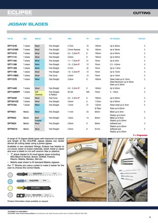 9
JIGSAW BLADES
STATEMENT OF CONFORMITY
All ECLIPSE Power & Hand Hacksaw Blades are manufactured under Quality Assurance system which is certified to BSEN ISO 9001:2008.
A range of 19 Jigsaw blade types with improved cut speed
and length of life, ECLIPSE Jigsaw blades can tackle
almost all cutting tasks using a power jigsaw.
Available in two standard fittings, Eclipse has blades to
cut wood, sheet or board materials, sheet metal or pipes
and even a blade to cut soft ceramic tiles or plastics.
• ‘T’ shank blades to fit most jigsaw types including
AEG Black & Decker, Bosch, DeWalt, Festool,
Hitachi, Makita, Metabo, Skil etc.
• Makita style shank to fit standard Makita Jigsaws.
Our ‘T’ Shanks are colour coded to make it easier for the
user to choose the correct blade.
P = Progressive
Part No Type Material Cut Teeth TPI Length Cut Thickness Pack Size
EPT101B T-shank Wood Fine Straight 2.7mm 10 100mm Up to 30mm 5
EPT101BR T-shank Wood Fine Straight 2.5mm Reverse 10 100mm Up to 30mm 5
EPT101D T-shank Wood Fine Straight 4.0 - 5.2mm P 6 100mm Up to 50mm 5
EPT111C T-shank Wood Fast Straight 3.0mm 8 100mm Up to 50mm 5
EPT118A T-shank Metal Fine Straight 1.1 - 1.5mm P 21 75mm Up to 3mm 5
EPT118B T-shank Metal Fine Straight 1.9 - 2.3mm P 12 75mm 2.5 - 6.0mm 5
EPT118G T-shank Metal Fine Straight 0.7mm 32 75mm Up to 1.5mm 5
EPT119B T-shank Wood Fine Straight 1.9 - 2.3mm P 12 75mm Up to 15mm 5
EPT119BO T-shank Wood Fine Curve 2.0mm 12 75mm Up to 15mm 5
EPT127D T-shank Metal Fast Straight 3.0mm 8 100mm Sheet metal up to 15mm 5
Sheet Aluminium up to 30mm
Pipes up to 30mm
EPT144D T-shank Wood Fast Straight 4.0 - 5.2mm P 6 100mm Up to 50mm 5
EPT150RIFF T-shank Soft Fine Straight 50 Grit N/A 75mm 5 - 10mm 5
Ceramics & Plastics
EPT244D T-shank Wood Fast Curve 4.0 - 5.2mm P 6 100mm Up to 50mm 5
EPT301CD T-shank Wood Fine Straight 3.0mm 8 115mm Up to 65mm 5
EPT318A T-shank Metal Fine Straight 1.2mm 21 132mm Sheet metal up to 3mm 5
& Pipes Pipes up to 65mm
EPTNO1 Makita Metal Fine Straight 1.1mm 23 80mm Metal up to 3mm 5
Plastics up to 6mm
EPTNO2 Makita Multi Fine Straight 1.8mm 14 80mm Metal up to 6mm 5
Purpose Plastics up to 50mm
EPTNO3 Makita Wood Fine Straight 2.8mm 9 80mm Softwood and 5
Plastics up to 50mm
EPTNO10 Makita Wood Fast Straight 2.8mm 8 81mm Softwood and 5
Plastics up to 50mm
Product Information sheet available on request.
CUTTING
 