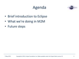 Agenda
• Brief introduction to Eclipse
• What we’re doing in M2M
• Future steps
7-May-2013 Copyright (c) 2013, Eclipse Foundation, Inc. Made available under the Eclipse Public License 1.0 2
 