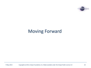 Moving Forward
7-May-2013 Copyright (c) 2013, Eclipse Foundation, Inc. Made available under the Eclipse Public License 1.0 23
 
