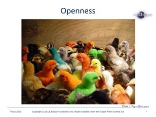 Openness
7-May-2013 Copyright (c) 2013, Eclipse Foundation, Inc. Made available under the Eclipse Public License 1.0 7
Chris J. Fry – flickr.com
 