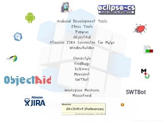 © beermedia - Fotolia.com
Android Development Tools
JBoss Tools
Papyrus
ObjectAid
Atlassian JIRA Connector für Mylyn
WindowBuilder
Checkstyle
FindBugs
EclEmma
MoreUnit
SWTBot
Workspace Mechanic
MouseFeed
 