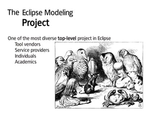 The Eclipse Modeling
Project
One of the most diverse top-level project in Eclipse
Tool vendors
Service providers
Individuals
Academics
 