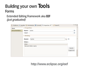 Building your own Tools
Forms
http://www.eclipse.org/eef
Extended Editing Framework aka EEF
(just graduated)
 