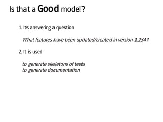 Is that a Good model?
1. Its answering a question
What features have been updated/created in version 1.234?
2. It is used
to generate skeletons of tests
to generate documentation
 