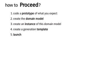 how to Proceed?
1. code a prototype of what you expect
2. create the domain model
3. create an instance of this domain model
4. create a generation template
5. launch
 