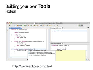 Building your own Tools
Textual
http://www.eclipse.org/xtext
 