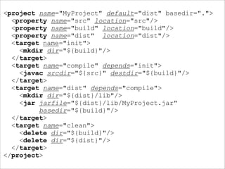 <project name="MyProject" default="dist" basedir=".">
  <property name="src" location="src"/>
  <property name="build" location="build"/>
  <property name="dist" location="dist"/>
  <target name="init">
    <mkdir dir="${build}"/>
  </target>
  <target name="compile" depends="init">
    <javac srcdir="${src}" destdir="${build}"/>
  </target>
  <target name="dist" depends="compile">
    <mkdir dir="${dist}/lib"/>
    <jar jarfile="${dist}/lib/MyProject.jar"
         basedir="${build}"/>
  </target>
  <target name="clean">
    <delete dir="${build}"/>
    <delete dir="${dist}"/>
  </target>
</project>
 