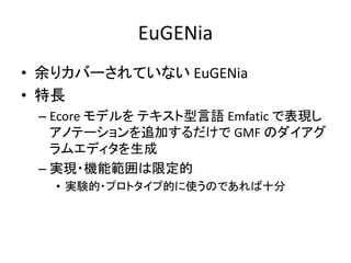 EuGENia
• 余りカバーされていない EuGENia
• 特長
 – Ecore モデルを テキスト型言語 Emfatic で表現し
   アノテーションを追加するだけで GMF のダイアグ
   ラムエディタを生成
 – 実現・機能範囲は限定的
   • 実験的・プロトタイプ的に使うのであれば十分
 