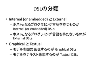DSLの分類
• Internal (or embedded) と External
  – ホストとなるプログラミング言語を持つものが
    Internal (or embedded) DSLs
  – ホストとなるプログラミング言語を持たないものが
    External DSLs
• Graphical と Textual
  – モデルを図式表現するのが Graphical DSLs
  – モデルをテキスト表現するのが Textual DSLs
 