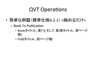 QVT	
  OperaHons	
•  簡単な例題（標準仕様A.2.1）	
  <眺めるだけ>	
  
  –  Book	
  To	
  PublicaHon	
  
      •  Book(タイトル、章[*])	
  そして 章(章タイトル、章ページ
         数)	
  
      •  PUB(タイトル、総ページ数)	
 