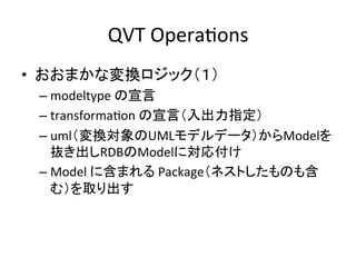 QVT	
  OperaHons	
•  おおまかな変換ロジック（１）	
  
 –  modeltype	
  の宣言	
  
 –  transformaHon	
  の宣言（入出力指定）	
  
 –  uml（変換対象のUMLモデルデータ）からModelを
    抜き出しRDBのModelに対応付け	
  
 –  Model	
  に含まれる	
  Package（ネストしたものも含
    む）を取り出す	
  
 