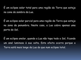 É um eclipse solar total para uma região da Terra que esteja
no cone de sombra da Lua.


É um eclipse solar parcial para uma região da Terra que esteja
na zona da penumbra. Neste caso, a Lua cobre apenas uma
parte do Sol.


É um eclipse anelar, quando a Lua não tapa todo o Sol, ficando
um anel luminoso à sua volta. Este efeito ocorre porque a
Terra está mais longe da Lua do que num eclipse total.
 