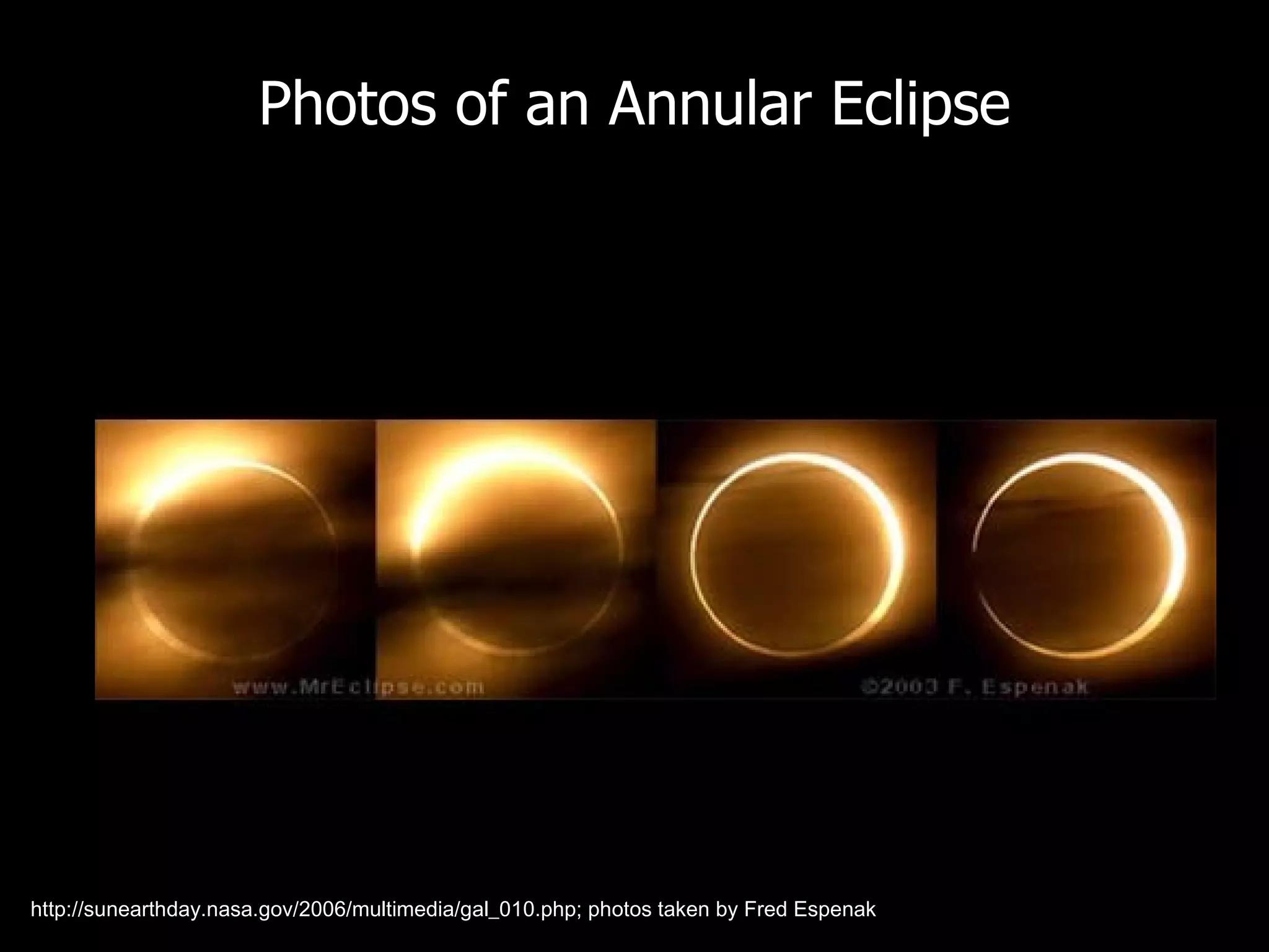 Photos of an Annular Eclipse http://sunearthday.nasa.gov/2006/multimedia/gal_010.php; photos taken by Fred Espenak 