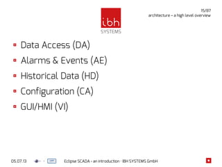 05.07.13 Eclipse SCADA - an introduction · IBH SYSTEMS GmbH
15/87
architecture – a high level overview
Data Access (DA)
Alarms & Events (AE)
Historical Data (HD)
Configuration (CA)
GUI/HMI (VI)
 
