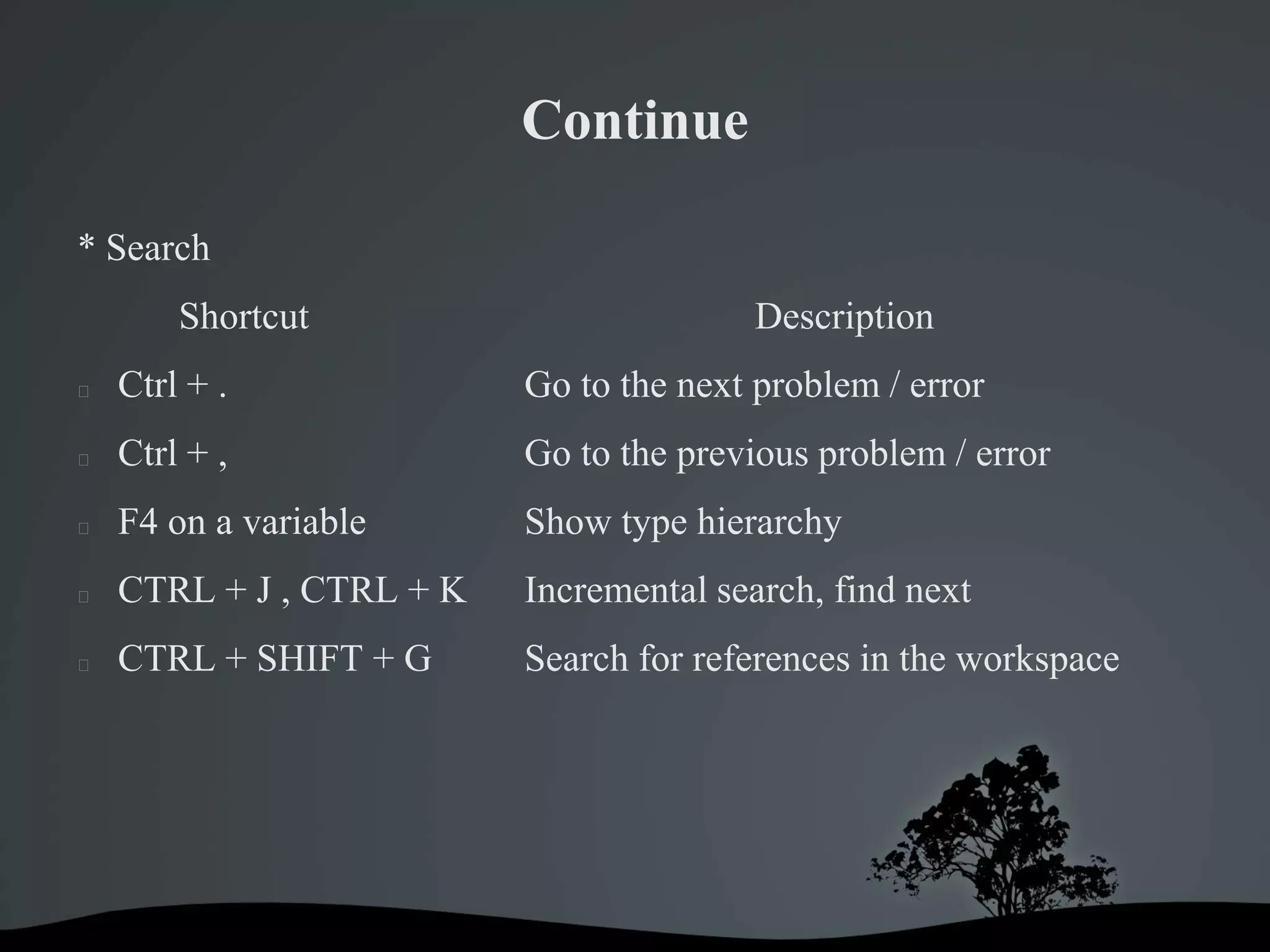 Continue

* Search
        Shortcut                         Description
   Ctrl + .              Go to the next problem / error
   Ctrl + ,              Go to the previous problem / error
   F4 on a variable      Show type hierarchy
   CTRL + J , CTRL + K   Incremental search, find next
   CTRL + SHIFT + G      Search for references in the workspace
 